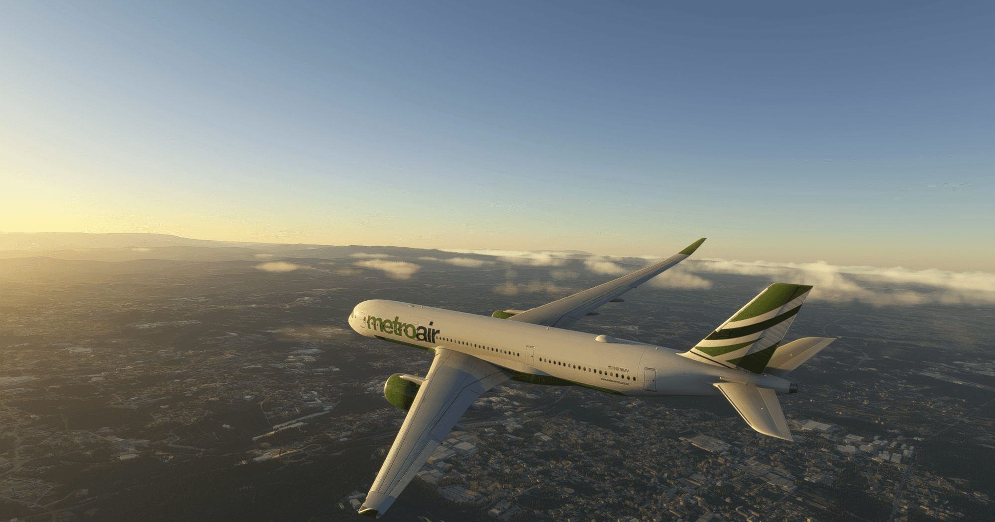 MetroAir Airbus A350 over a city at golden hour