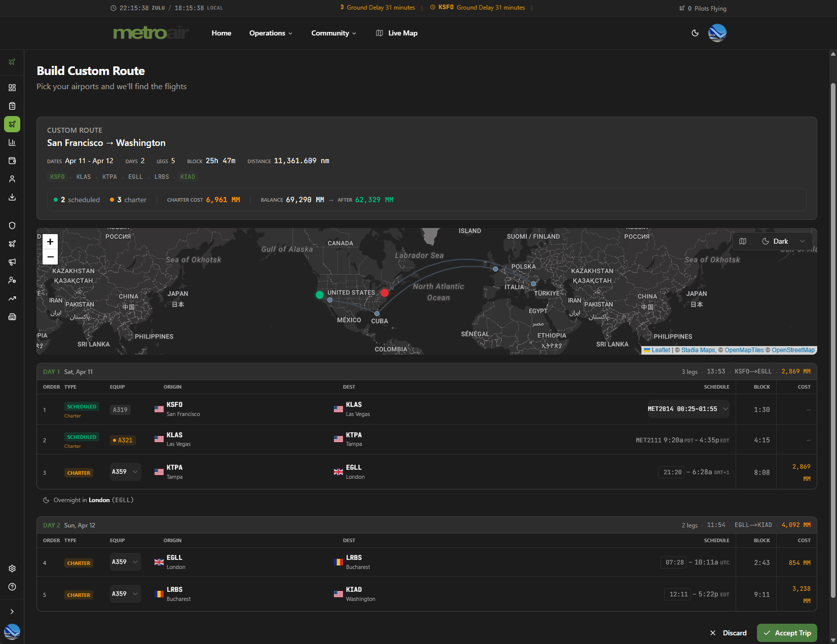 Trip builder planning a multi-leg trip